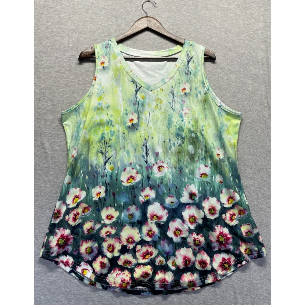 Womens Tank Top 2XL Green Multi Floral Print Rayon Sleeveless V Neck Curved Hem